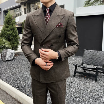 Riolio prom suit (Jacket+Pants) Autumn New Men Vintage Luxury Double Breasted Slim Suit Formal Groom Wedding Tuxedo Mens Work Party Suit 2 Piece